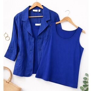 Chicos Royal Blue Set Linen Blend Textured Jacket Tank Sz 3 XL Elevated Classic